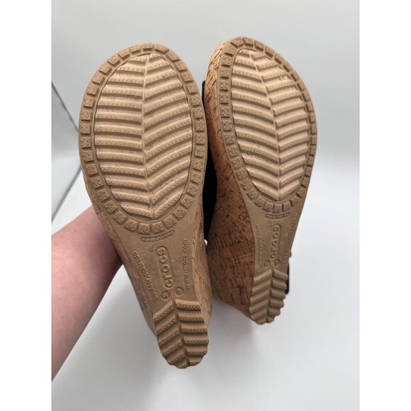 CROCS A-Leigh Black Leather Cork Wedge Slingbacks Sandals Size 9 w9 - Picture 9 of 10